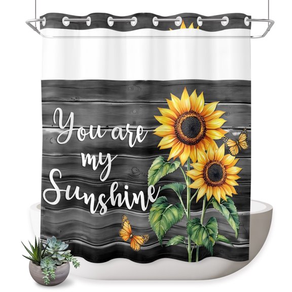 Sunflower Butterfly No Hook Shower Curtain You Are My Sun Shine Vintage Wood Board Shower Curtain with See Through Top Window, Waterproof Washable Fabric Curtain for Bathroom Hotel Decor, 72Wx78L