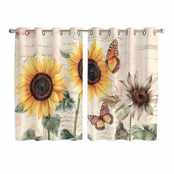 Sunflower Butterfly Kitchen Curtains 63 Inch Length, Vintage Farm Floral Watercolor Grommet Top Bedroom Living Room Curtains, Light Filtering Cafe Curtain Drapes 2 Panels Set 104''x63''
