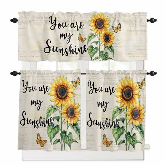 Sunflower Butterfly Kitchen Curtains and Valances Set, You Are My Sun Shine Vintage Farmhouse Rod Pocket Window Valance Window Curtain Panels for Living Room Bedroom Laundry, 27.5x24in, 3 Pieces