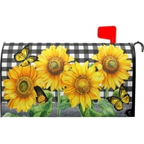 Sunflower Butterfly Magnetic Mailbox Cover Summer Flower Black White Buffalo Plaid Mailbox Cover Standard Size 21" x 18" Yellow Floral Post Letter Box Wraps for Outdoor Garden Yard Home Decor