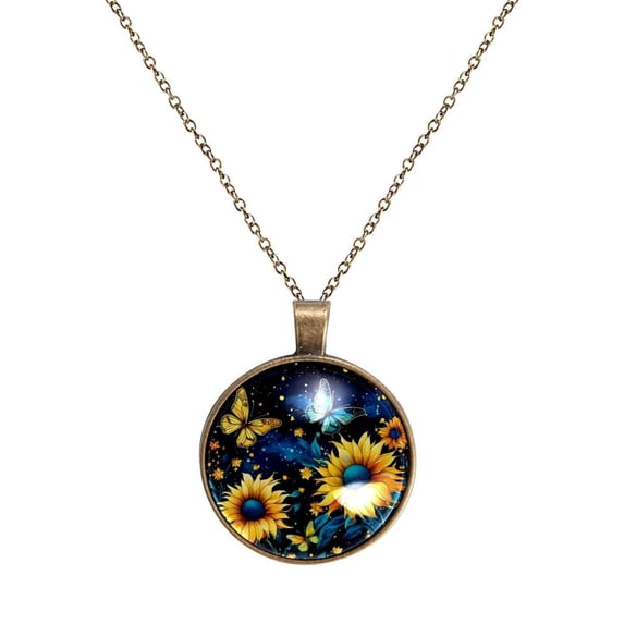 Sunflower Butterfly Necklace Personalized Custom Photo Round Pendant Adjustable Stainless Steel Necklaces with Gift Box for Men Women Mothers Valentine's Jewelry Gift