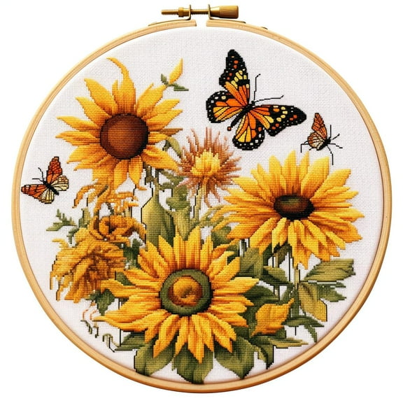 Sunflower and Butterfly Round Shape Stamped Cross Stitch Kits for Beginners Easy with Hoop 11CT Needlepoint Embroidery DIY Counted Cross Stitch Kits Art Craft Wall Decoration 35x35cm(2)