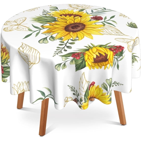 Sunflower Butterfly Round Table Cloth 60 Inch,Watercolor Floral Tablecloth Waterproof Stain Wrinkle Resistant Washable Circle Table Cover for Home Kitchen Dining Room Party Outdoor Picnic