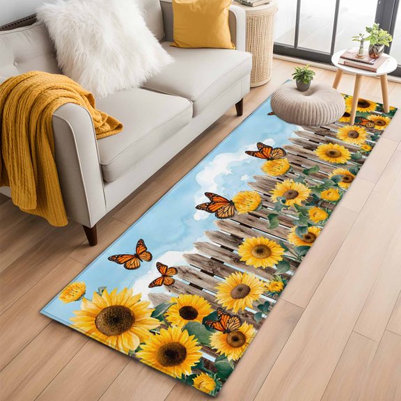 Sunflower Butterfly Runner Rug 2'x6' Nature Rustic Yellow Floral Wooden Fence Hallway Runner Rugs Washable Non-Slip Bedside Floor Mats Carpet for Kitchen Bedroom Laundry Room Bathroom
