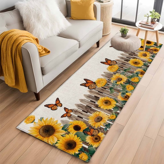 Sunflower Butterfly Runner Rug 2'x6' Nature Yellow Floral Wooden Fence Retro Hallway Runner Rugs Washable Non-Slip Bedside Floor Mats Carpet for Kitchen Bedroom Laundry Room Bathroom