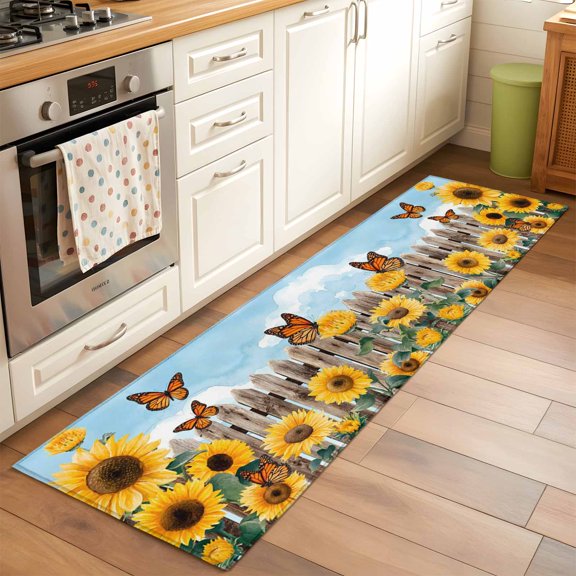 Sunflower Butterfly Runner Rug for Hallway 2x6ft, Nature Rustic Yellow Floral Wooden Fence Non Slip Floor Mat Washable Low-Profile Indoor Carpet for Living Room, Bedroom, Dining Room