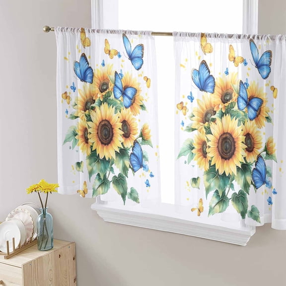 Sunflower Butterfly Semi Sheer Curtains 54 Inch Length 2 Panels Set, Yellow Blue Spring Pastoral Plant Sheer Kitchen Curtain Privacy Voile Window Curtain for Living Room Bedroom Rod Pocket Drapes