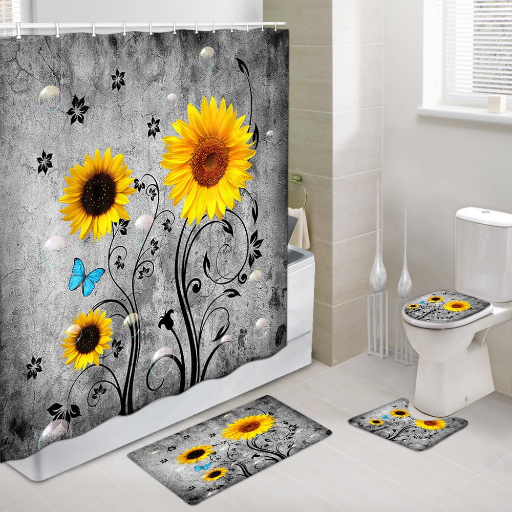 Sunflower Butterfly Shower Curtain and Bath Mat Set 69x70 Inch ...