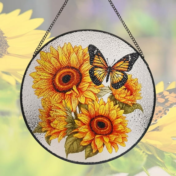 Sunflower Butterfly Suncatcher Hanging Stained Glass Window Decor, Flowers Bush Butterfly Sun Catchers Wall Art Home Decor, Sunflower Gift for Mom Grandma Teacher