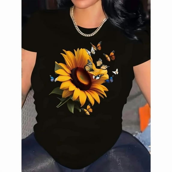 Sunflower Butterfly T-Shirt Cotton Floral Graphic Tee Summer Casual Crew Neck Short Sleeve Top Black S-5XL
