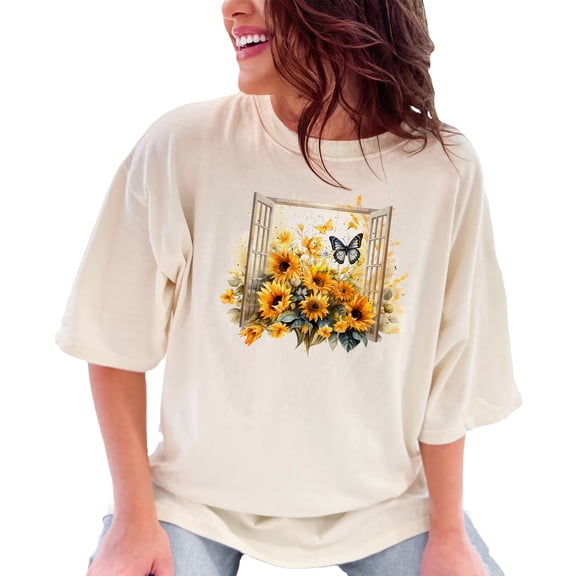 Sunflower and Butterfly T-Shirt, Nature Inspired Graphic Tee, Comfortable Casual Shirt, Unique Floral Design, Gift for Nature Lovers, Ivory Comfort Colors T-Shirt, Small