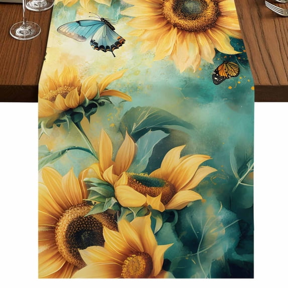 Sunflower Butterfly Table Runner 72 Inches Long,Retro Green Yellow Pastoral Floral Cotton Linen Table Runners Dresser Scarves,Decorative Tabletop Scarf Furniture Cover for Home Dinner Party 13"x72"