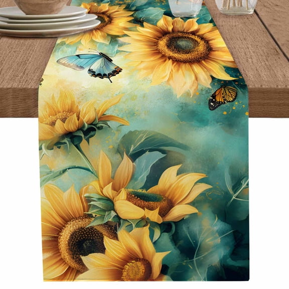 Sunflower Butterfly Table Runner 90 Inches Long for Dining Table Decor,Retro Green Yellow Pastoral Floral Burlap Linen Farmhouse Table Runner Coffee Table Runners Dresser for Kitchen Party Holiday