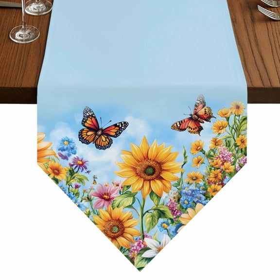 Sunflower Butterfly Table Runner for Dining Room, Watercolor Daisy Floral Cotton Linen Dining Table Runner Tablecloth Dresser Scarves for Kitchen Cafe 13x60 Inches Long