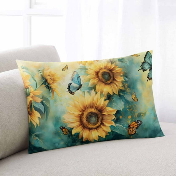 Sunflower Butterfly Throw Pillow Covers, Retro Green Yellow Pastoral Floral Soft Breathable Pillow Cases with Zipper for Sleeping, Queen Size Pillowcases for Couch Bed Sofa Chair 20x30 Inches