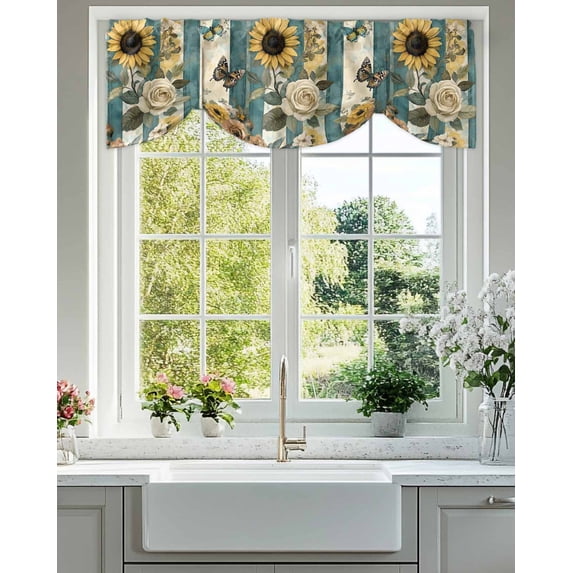 Sunflower Butterfly Tie Up Valances Curtain, Adjustable Kitchen Vintage Rose Blue White Stripe Retro Valances for Windows Decor, Rod Pocket Short Curtains Set for Bedroom/Bathroom, 60"x18"