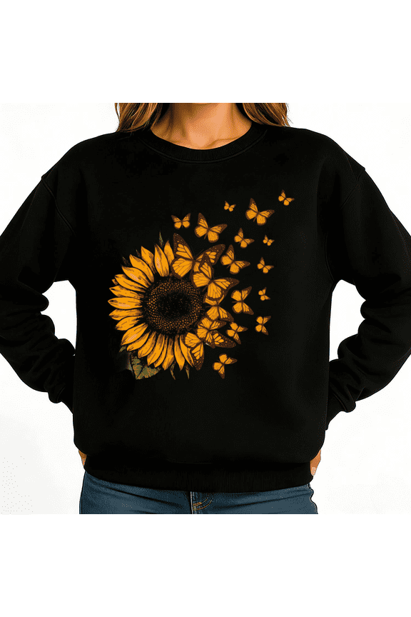 Sunflower Butterfly Transformation Womans Sweatshirt Graphic Sweatshirt Black White S-3XL Boho Gift Loose Fit Crew Neck Tops