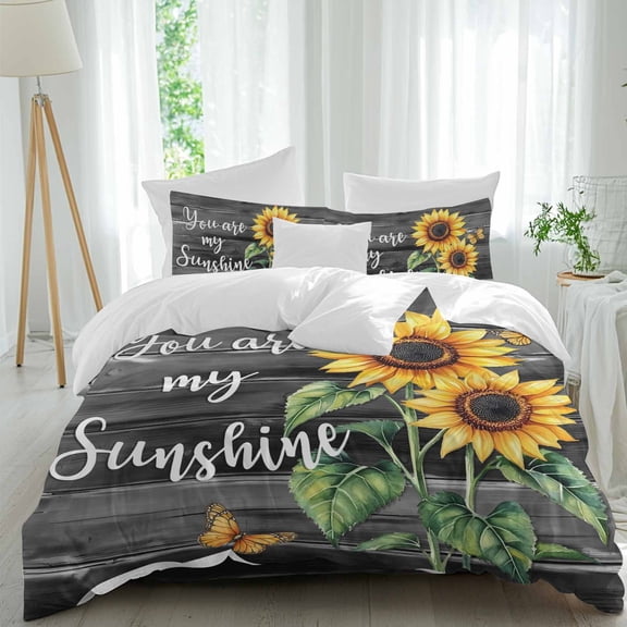 Sunflower Butterfly Twin Duvet Cover Set, You Are My Sun Shine 4 Piece Microfiber Bedding Set with Zipper Closure, Bed Sheet and 2 Pillow Shams, Soft Bedding Cover