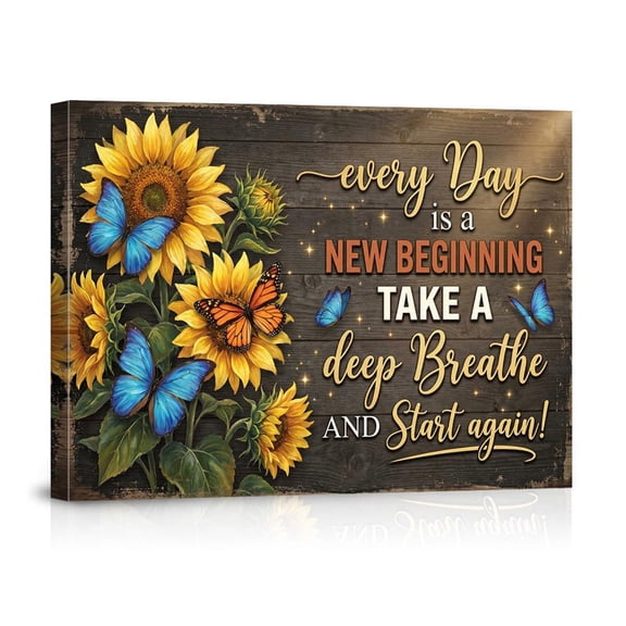 Sunflower Butterfly Wall Art Inspirational Quote Art New Beginning Motivational Rustic Farmhouse Home Decor Nature Artwork, Unframed Paper Print