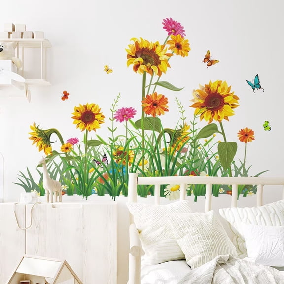 Sunflower Butterfly Wall Stickers Sunflower wall decal Garden Flower Wall Decals Transparent decal Peel and Stick Wall Art Decals for Living Room Bedroom Office Wall Decor glass decals