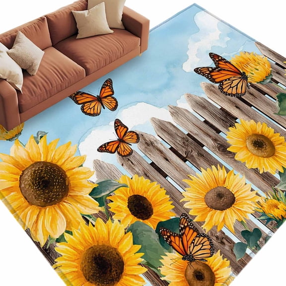 Sunflower Butterfly Washable Living Room Rugs 9'x12', Nature Rustic Yellow Floral Wooden Fence Low Pile Throw Large Area Rug Non-Slip Sturdy Edge Binding Carpet for Bedroom Dining Room Office