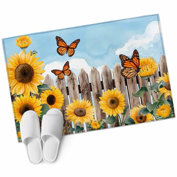 Sunflower Butterfly Washable Small Entryway Area Rugs 2'x3', Nature Rustic Yellow Floral Wooden Fence Low Pile Throw Rug Non-Slip Sturdy Edge Binding Carpet for Front Door Floor Room Entry