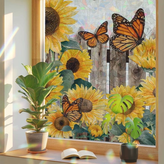 Sunflower Butterfly Window Privacy Film, Nature Yellow Floral Wooden Fence Retro Stained Glass Rainbow Film Decorative Window Clings, Static Cling Sun Blocking Stickers 19.6" x 39.3"