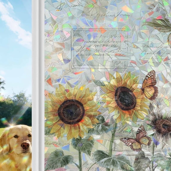 Sunflower Butterfly Window Privacy Film Stain Glass,Reusable Decorative Rainbow Window Film,Vintage Farm Floral Watercolor Static Cling Sun Blocking Stickers Decals Covers 17.7" x 39.3" (2pcs)