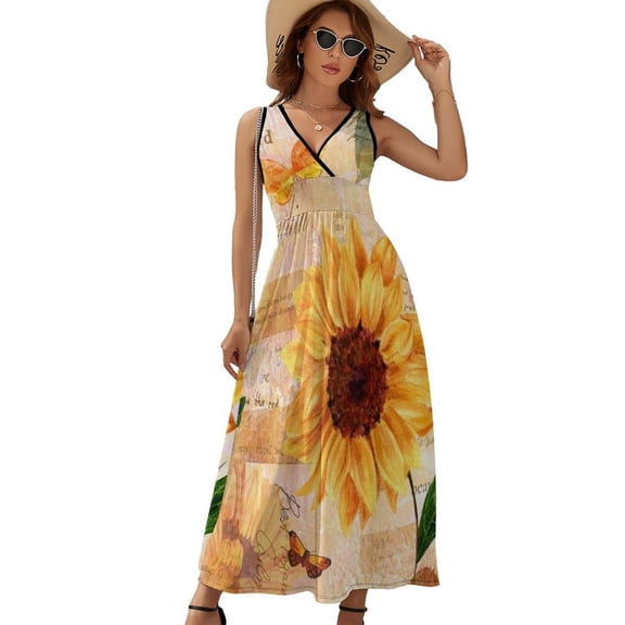 Sunflower Butterfly Womens Night Club Maxi Dress V Neck Sleeveless Bohemia Long Dresses