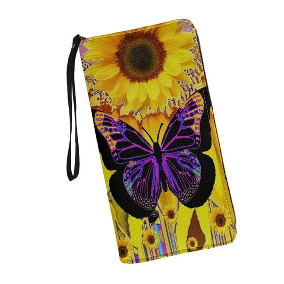 Sunflower Butterfly Wristlet Wallet for Women Leather RFID Blocking Zip Around Card Holder Organizer Travel Cluth Bags