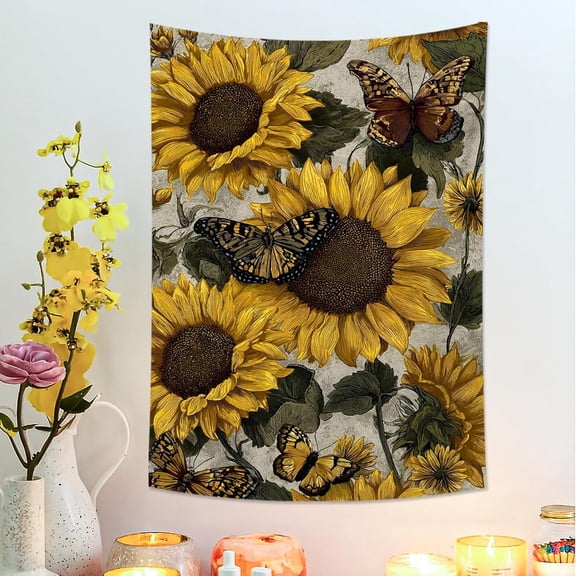 Sunflower and Butterfly Yellow Tapestry, Floral Bohemian Wall Hanging for Spring Decor, Aesthetic Tapestries for Bedroom, Living Room, Dorm 30x40 Inch