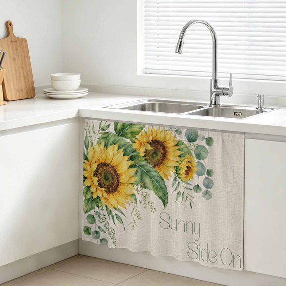 Sunflower Cabinet Curtains for Kitchen 11"Wx13"L, Summer Sunny Side Script Floral Eucalyptus Leaf Linen Texture Vanity Cabinet Curtains Magic Tape Short Curtain Decor Privacy Panel for Bathroom