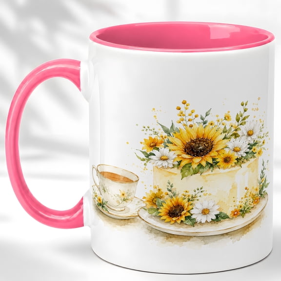 Sunflower Cake Tea Mug, Yellow Floral Dessert Cup, Watercolor Cake and Teacup Art Gift for Women, Summer Tea Party, Ceramic 11 Oz Mug