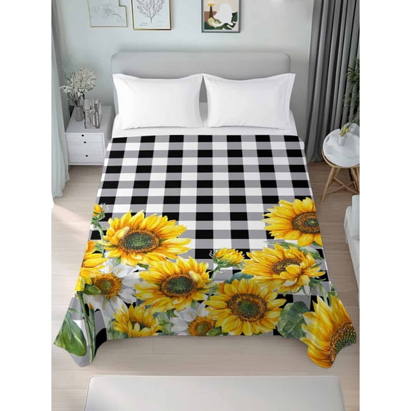 Sunflower California King Size Flat Sheet, Wrinkleproof & Fadeproof Cooling Flat Bed Sheet Only, Black White Check Country Yellow Floral Breathable Soft Bedding Top Sheets 108 x 98 Inches