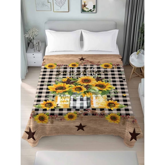 Sunflower California King Size Flat Sheet, Wrinkleproof & Fadeproof Cooling Flat Bed Sheet Only, Black White Plaid Farmhouse Stars Breathable Soft Bedding Top Sheets 108 x 98 Inches