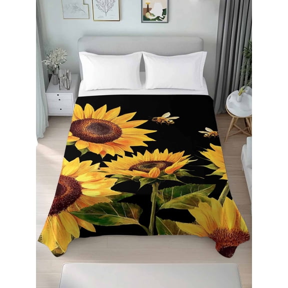 Sunflower California King Size Flat Sheet, Wrinkleproof & Fadeproof Cooling Flat Bed Sheet Only, Summer Bee Botanical Floral Black Breathable Soft Bedding Top Sheets 108 x 98 Inches