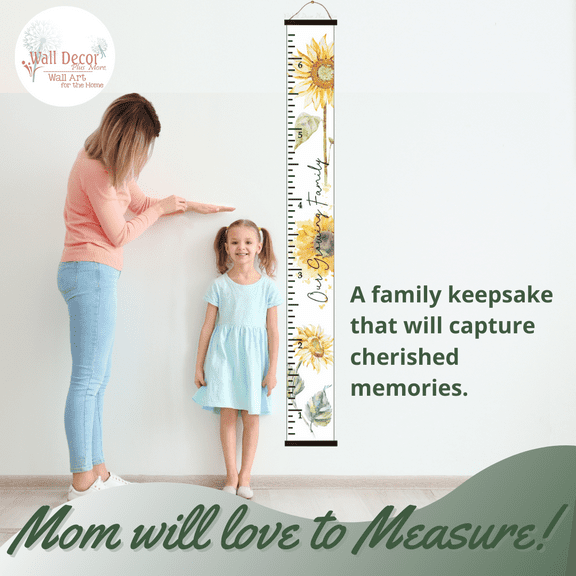 Sunflower Canvas Growth Chart for Wall Nursery Decor - Ready to Hang Kids Height Wall Chart Sign - Our Growing Family Measuring Wall Tape - Growth Chart for Kids Room, Black Wood