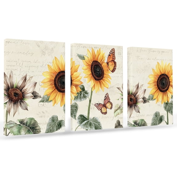 Sunflower Canvas Wall Art 3 Panels, Summer Floral Bee Pastoral Style Vintage Background Framed Wall Decor Modern Artwork Prints Painting for Living Room, Bedroom, Kitchen & Cafe Decor 12" x 16"