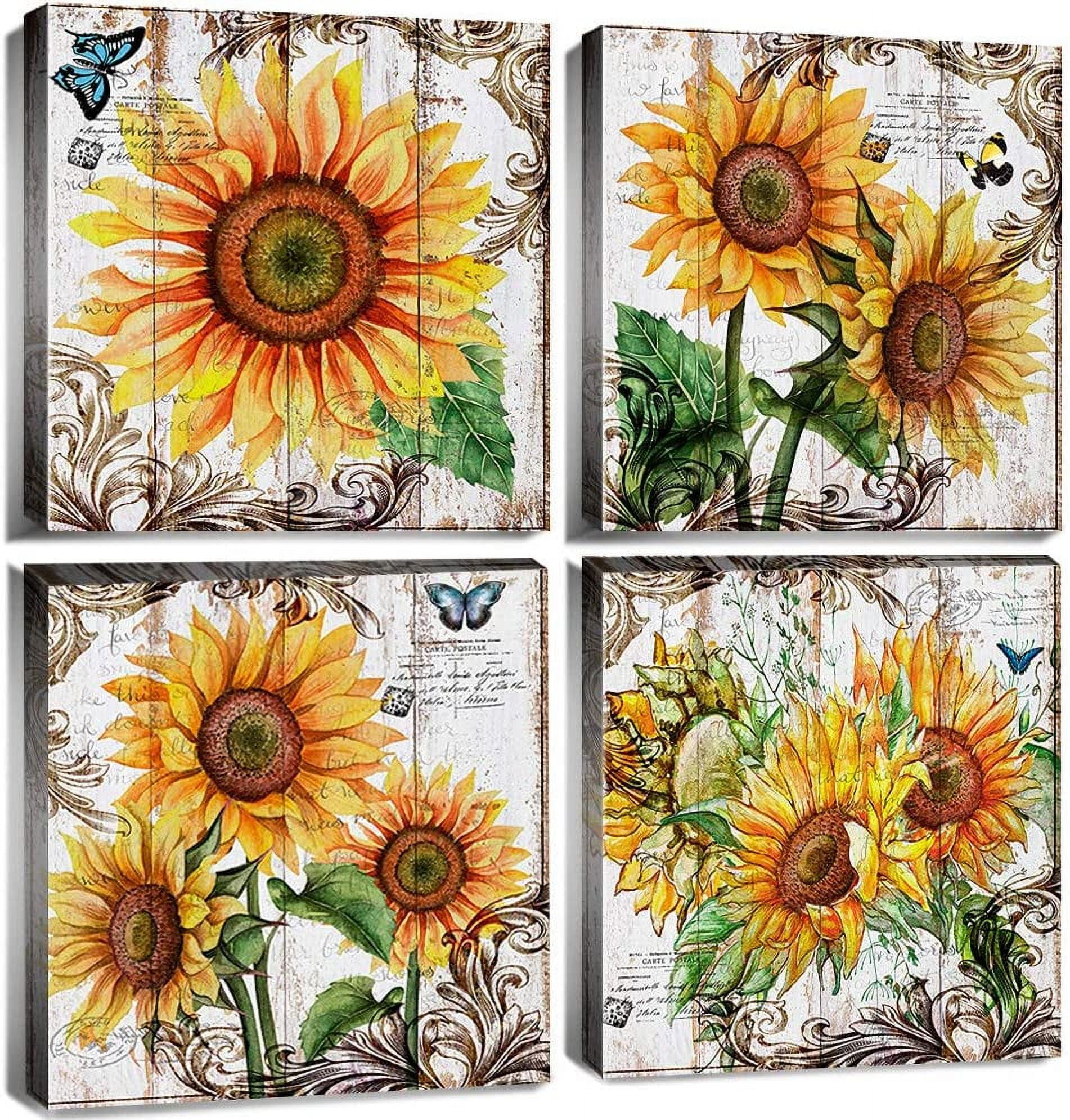 Sunflower Canvas Wall Art Bathroom Decor Rustic Sunflower Pictures for Kitchen Vintage Yellow Sun Flowers Painting Bedroom Office Apartment Home Decorations Modern Country Floral Artworks 16x16" 4 Pcs