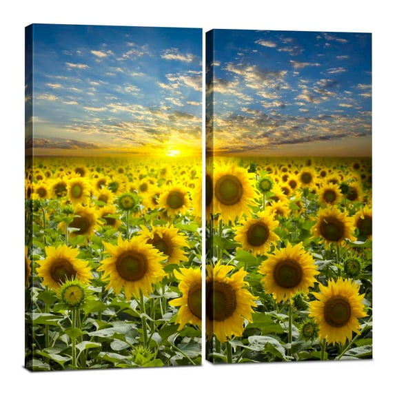 Sunflower Canvas Wall Art Decor, Modern 24x24 Hanging Flower Field 2 Panel Print Photograph, Decorative Painting Artwork for Kitchen, Bedroom, Office, Living Room, Home Decor Gift