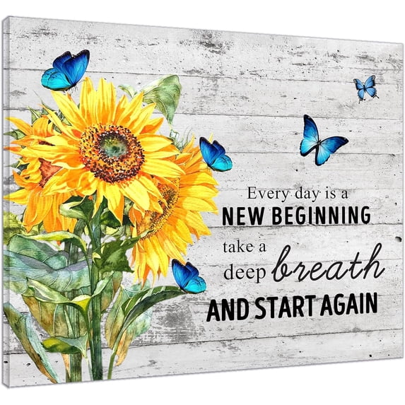 Sunflower Canvas Wall Art Inspirational Quotes Motivational Wall Art Farmhouse Blue Butterfly Pictures for Bedroom Bathroom Living Room Wall Decor Vintage Framed Wall Art Ready To Hang, 16x12 Inch