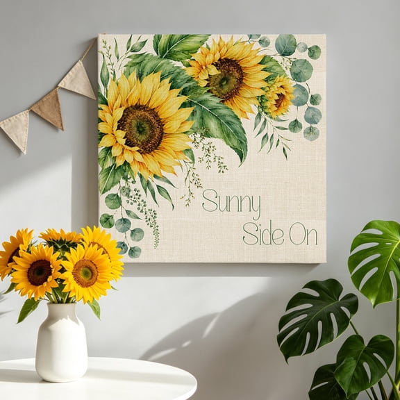 Sunflower Canvas Wall Art for Living Room, Summer Sunny Side Script Floral Eucalyptus Leaf Linen Texture Wall Decor Framed Artwork Pictures Ready to Hang for Bedroom Office Home Decor 16x16 Inch