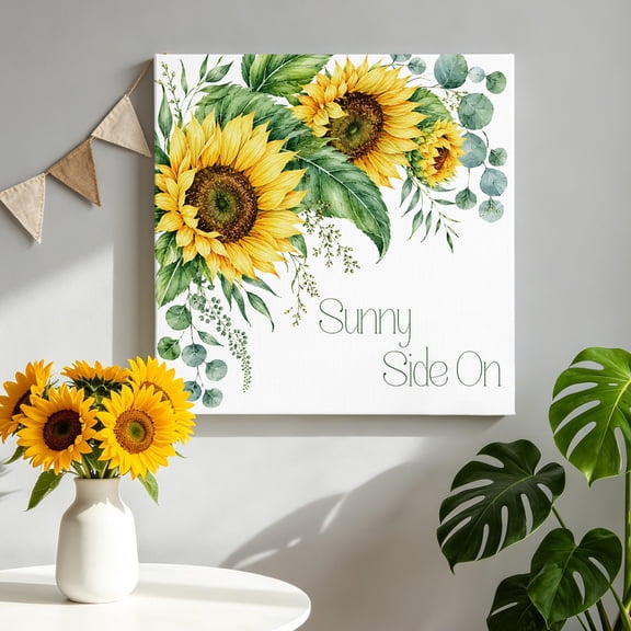 Sunflower Canvas Wall Art for Living Room, Summer Sunny Side On Script Floral Green Eucalyptus Leaf Poster Print Painting for Bedroom Office Home Decoration Wall Pictures Prepare To Hang 8"x8"