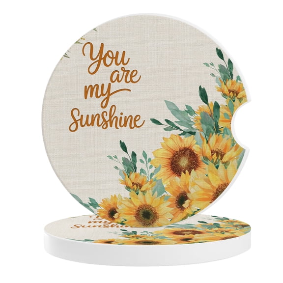 Sunflower Car Coasters for Cup Holders Set of 2 Absorbent, Ceramic Drinks Cupholder Coasters with Finger Notch Summer Botanical Farmhouse Yellow Floral Rustic Auto Interior Accessories for Women