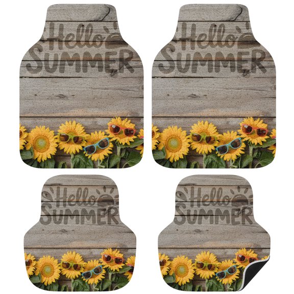 Sunflower Car Floor Mats 4 Pieces, Front & Rear Auto Carpet Mats Full Set with Rubber Backing, Summer Sunglasses Farm Plant Woodgrain Brown Universal All Weather Car Floor Protectors for SUV Truck