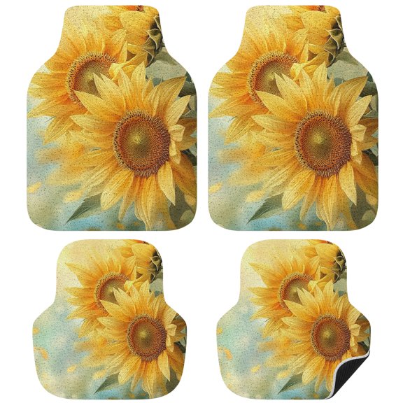 Sunflower Car Floor Mats 4 Pieces, Front & Rear Auto Carpet Mats Full Set with Rubber Backing, Yellow Spring Floral Botanical Universal All Weather Car Floor Protectors for SUV Truck Van