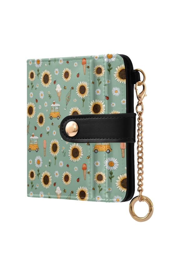 Sunflower Car Ice Cream Small Wallet for Women RFID Blocking Bifold PU Leather Credit Card Holder with Zipper Coin Pocket Compact Cute Travel Purse Magnetic Snap 7 Card Slots