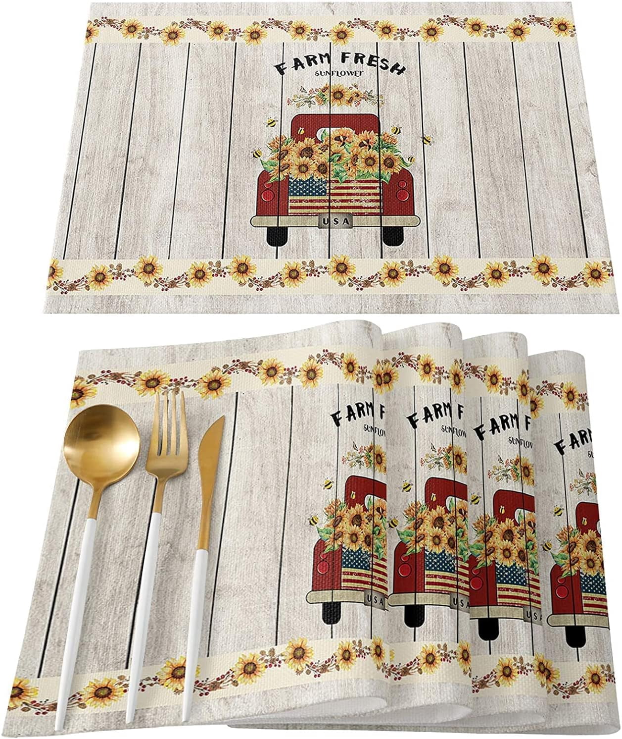 Sunflower on Car Rustic Placemats Washable Place Mats Table Mats Farmhouse Set of 6 Cotton Linen Indoor Placemat for Kitchen Living Room Wooden Board 12 x 18 Inches