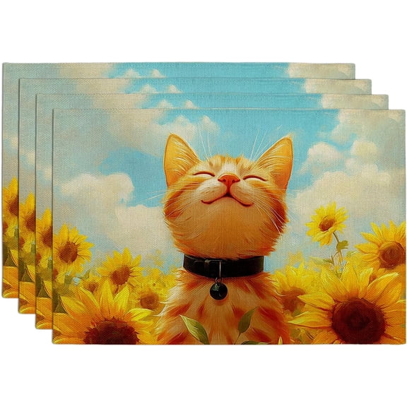 Sunflower Cat Placemats, Yellow Cute Kitty Place mats for Dining Table, Non-Slip Washable Indoor Outdoor Family Gathering Decorative Placemat Set of 4