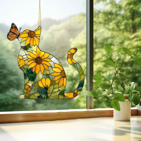 Sunflower Cat and Acrylic Suncatcher for Windows – 3D Rainbow Light Reflector with Suction Cup Hanging Chain, Cute Home or Car Window Decoration Gift